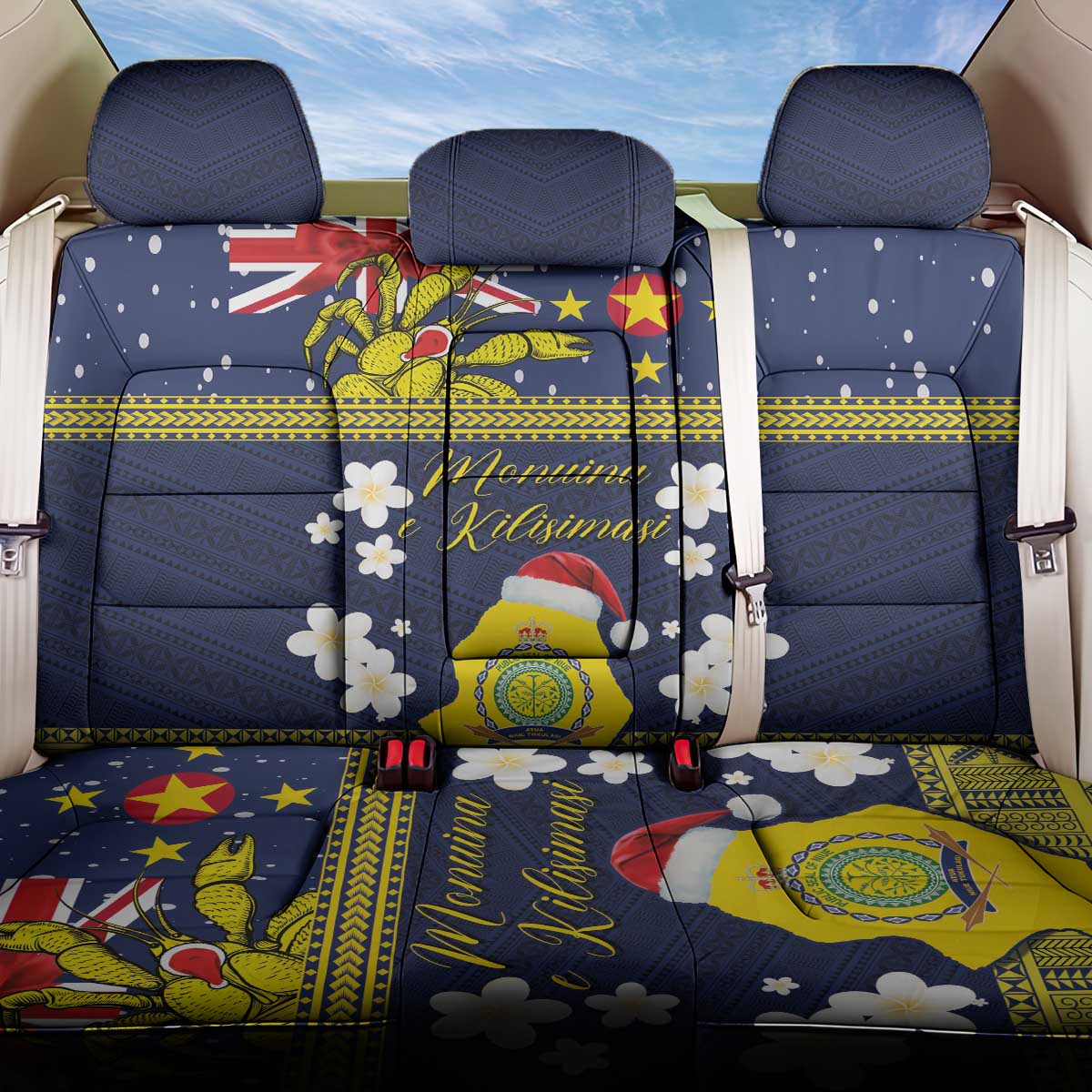 Niue Monuina e Kilisimasi Back Car Seat Cover Christmas Uga - Niue Map and Emblem with Hiapo Art Pattern