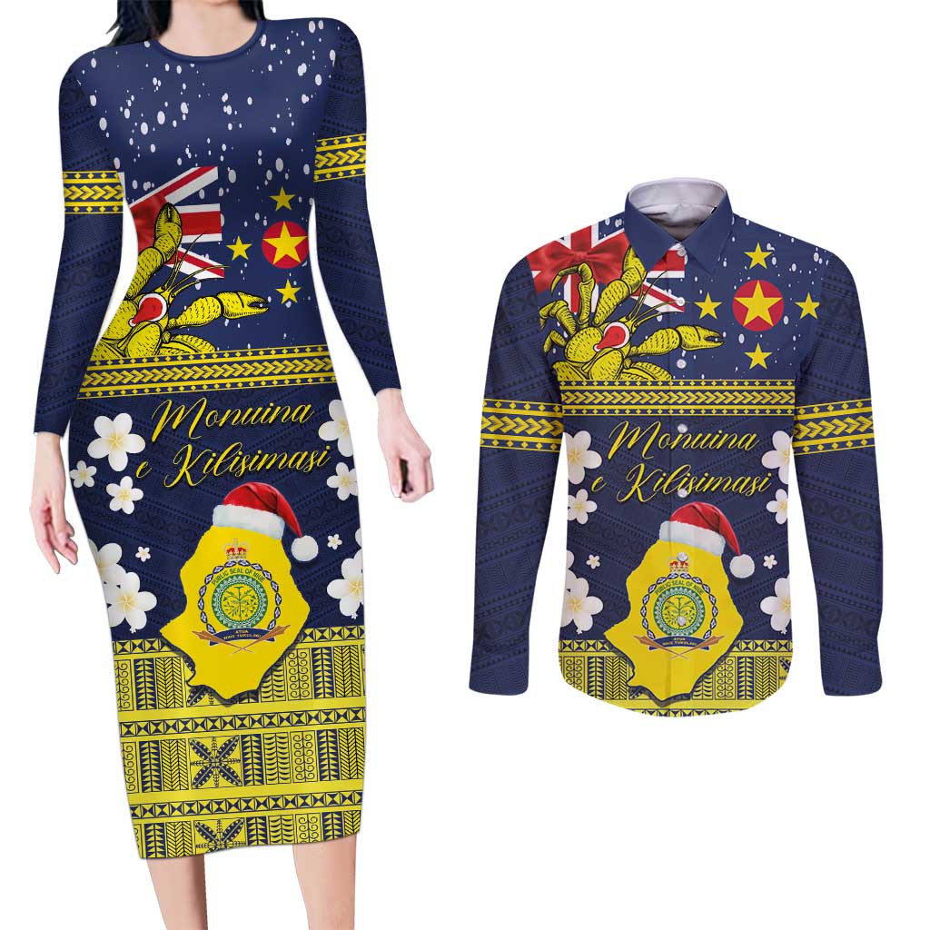 Niue Monuina e Kilisimasi Couples Matching Long Sleeve Bodycon Dress and Long Sleeve Button Shirt Christmas Uga - Niue Map and Emblem with Hiapo Art Pattern