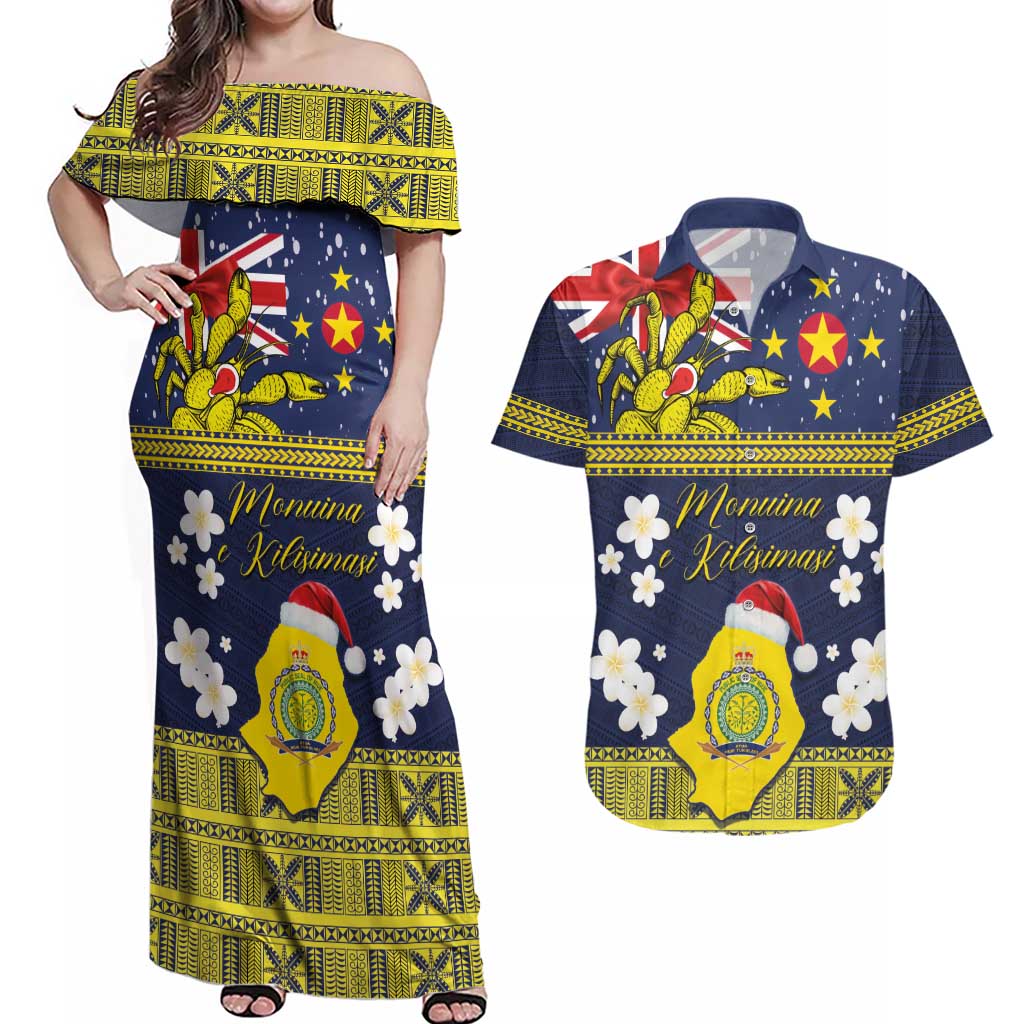 Niue Monuina e Kilisimasi Couples Matching Off Shoulder Maxi Dress and Hawaiian Shirt Christmas Uga - Niue Map and Emblem with Hiapo Art Pattern