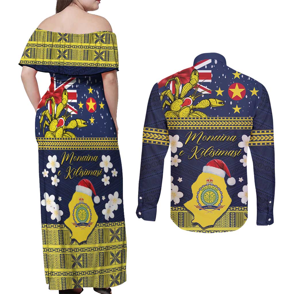Niue Monuina e Kilisimasi Couples Matching Off Shoulder Maxi Dress and Long Sleeve Button Shirt Christmas Uga - Niue Map and Emblem with Hiapo Art Pattern