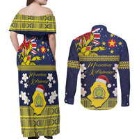 Niue Monuina e Kilisimasi Couples Matching Off Shoulder Maxi Dress and Long Sleeve Button Shirt Christmas Uga - Niue Map and Emblem with Hiapo Art Pattern