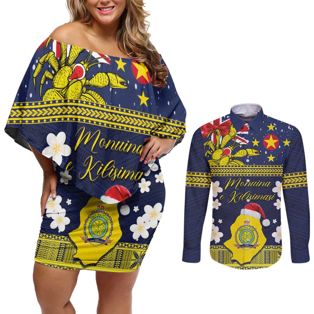 Niue Monuina e Kilisimasi Couples Matching Off Shoulder Short Dress and Long Sleeve Button Shirt Christmas Uga - Niue Map and Emblem with Hiapo Art Pattern