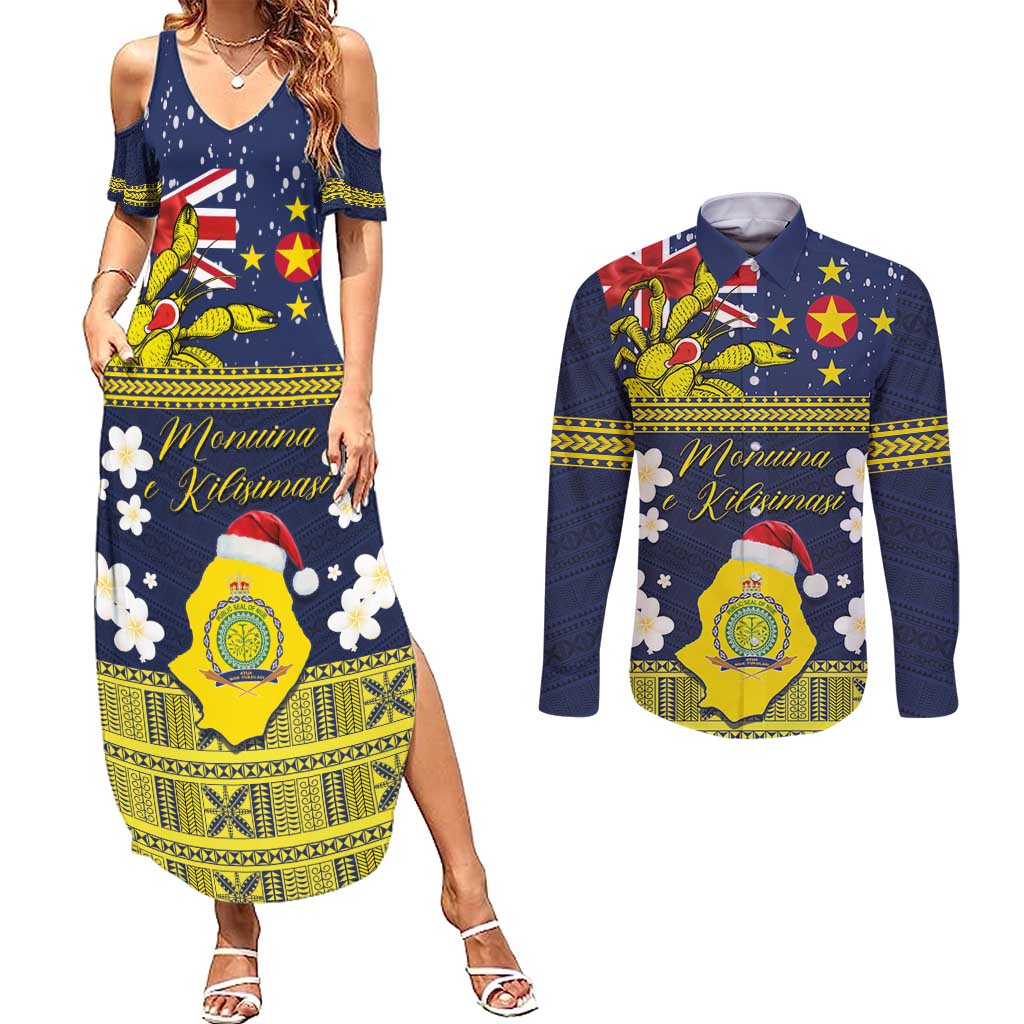 Niue Monuina e Kilisimasi Couples Matching Summer Maxi Dress and Long Sleeve Button Shirt Christmas Uga - Niue Map and Emblem with Hiapo Art Pattern