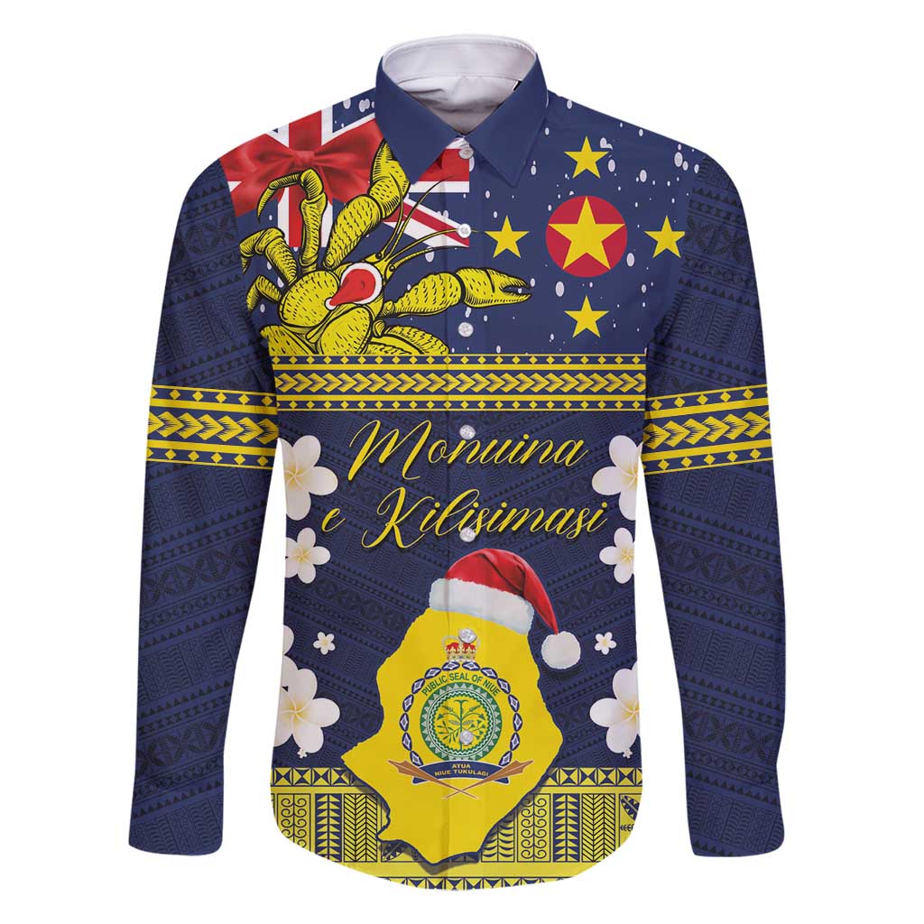 Niue Monuina e Kilisimasi Family Matching Off Shoulder Maxi Dress and Hawaiian Shirt Christmas Uga - Niue Map and Emblem with Hiapo Art Pattern LT03 Dad's Shirt - Long Sleeve Yellow - Polynesian Pride