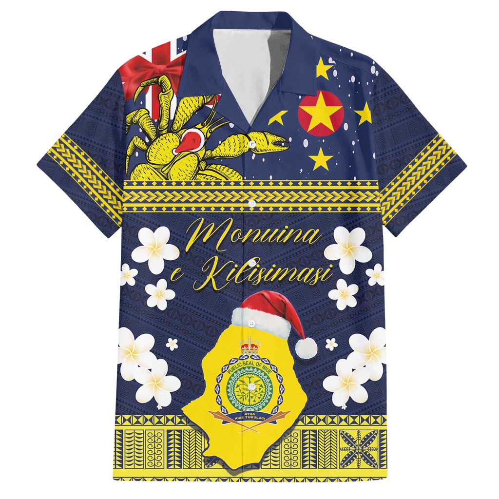 Niue Monuina e Kilisimasi Family Matching Tank Maxi Dress and Hawaiian Shirt Christmas Uga - Niue Map and Emblem with Hiapo Art Pattern LT03 Dad's Shirt - Short Sleeve Yellow - Polynesian Pride
