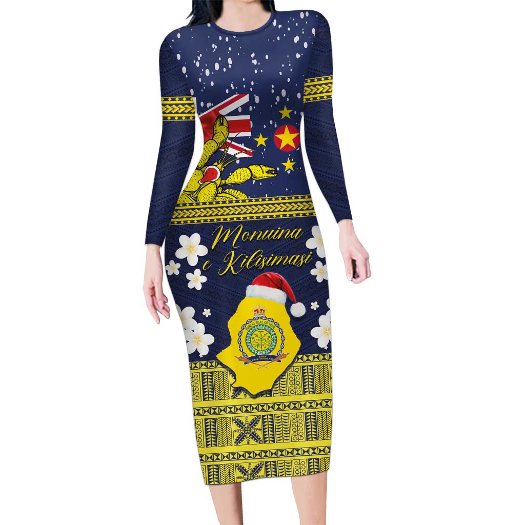 Niue Monuina e Kilisimasi Long Sleeve Bodycon Dress Christmas Uga - Niue Map and Emblem with Hiapo Art Pattern