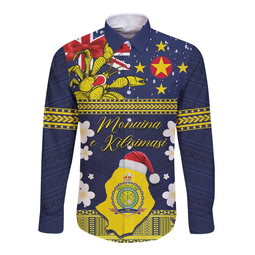 Niue Monuina e Kilisimasi Long Sleeve Button Shirt Christmas Uga - Niue Map and Emblem with Hiapo Art Pattern