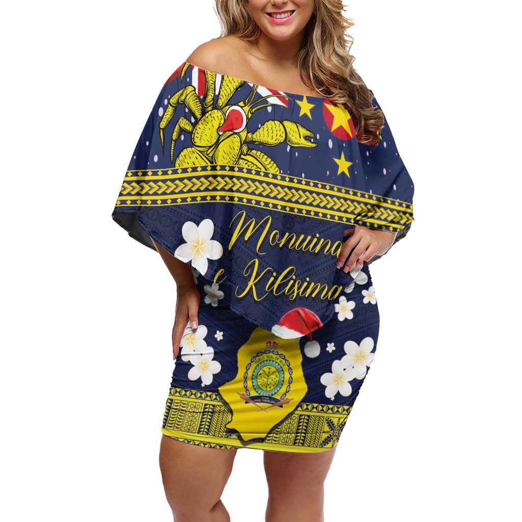 Niue Monuina e Kilisimasi Off Shoulder Short Dress Christmas Uga - Niue Map and Emblem with Hiapo Art Pattern