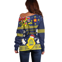Niue Monuina e Kilisimasi Off Shoulder Sweater Christmas Uga - Niue Map and Emblem with Hiapo Art Pattern