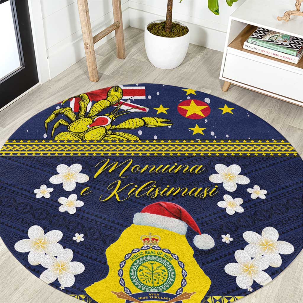 Niue Monuina e Kilisimasi Round Carpet Christmas Uga - Niue Map and Emblem with Hiapo Art Pattern