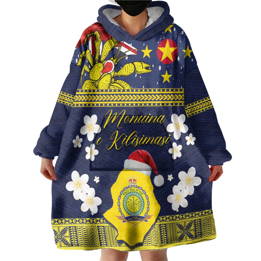 Niue Monuina e Kilisimasi Wearable Blanket Hoodie Christmas Uga - Niue Map and Emblem with Hiapo Art Pattern LT03 - Polynesian Pride