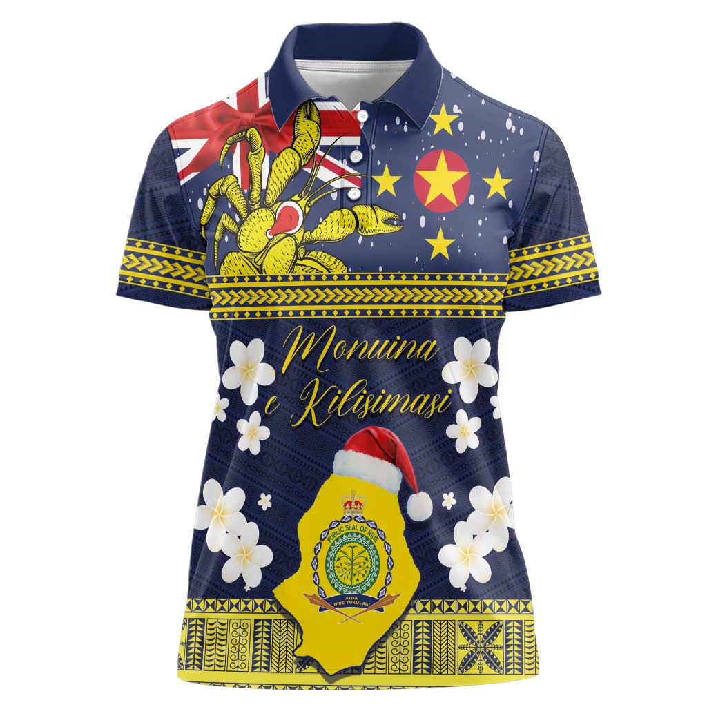 Niue Monuina e Kilisimasi Women Polo Shirt Christmas Uga - Niue Map and Emblem with Hiapo Art Pattern