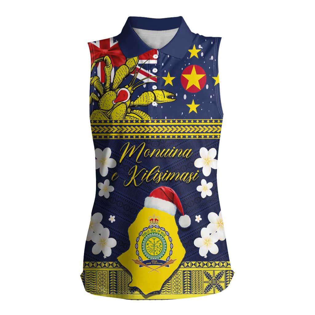 Niue Monuina e Kilisimasi Women Sleeveless Polo Shirt Christmas Uga - Niue Map and Emblem with Hiapo Art Pattern