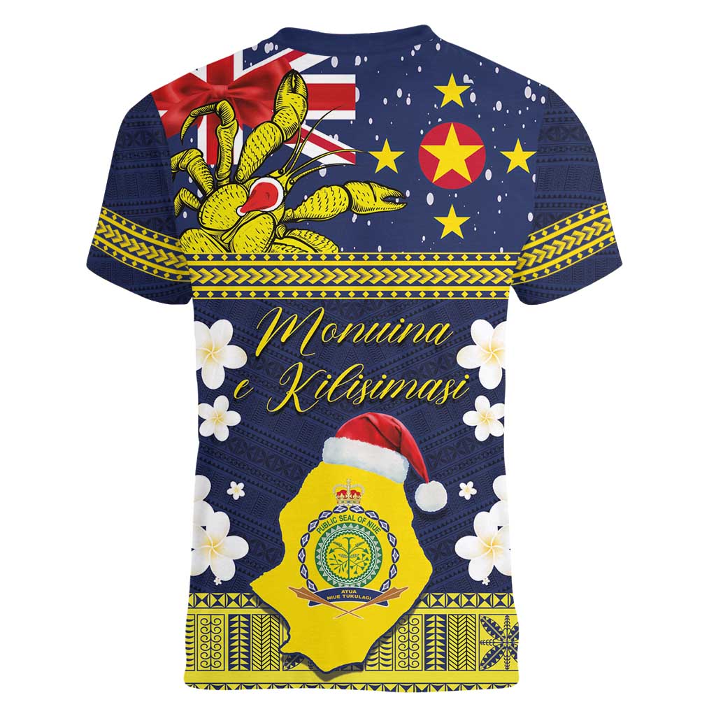 Niue Monuina e Kilisimasi Women V-Neck T-Shirt Christmas Uga - Niue Map and Emblem with Hiapo Art Pattern