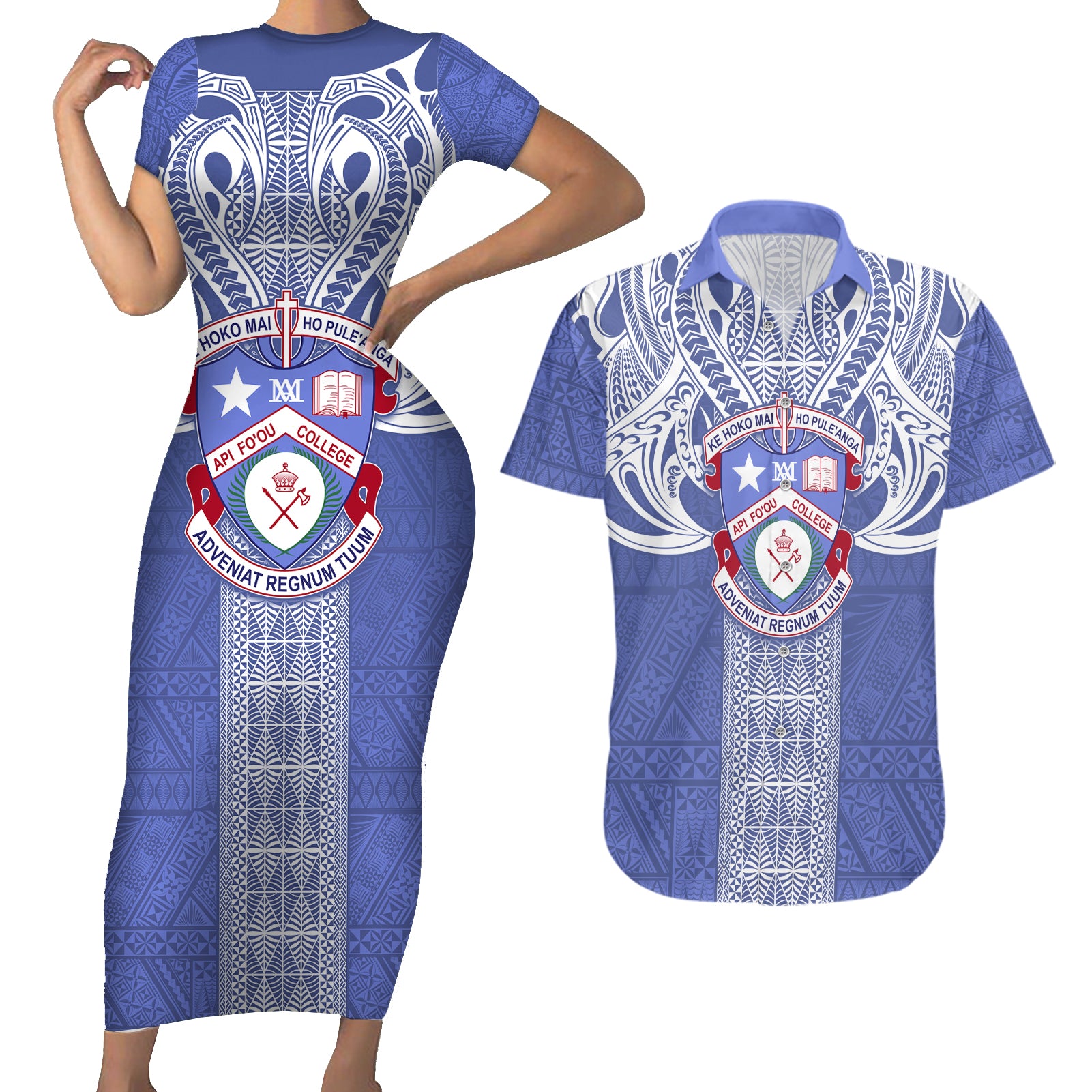 Tonga Apifoou School Couples Matching Short Sleeve Bodycon Dress and Hawaiian Shirt Ngatu and Polynesian Pattern LT03 Blue - Polynesian Pride