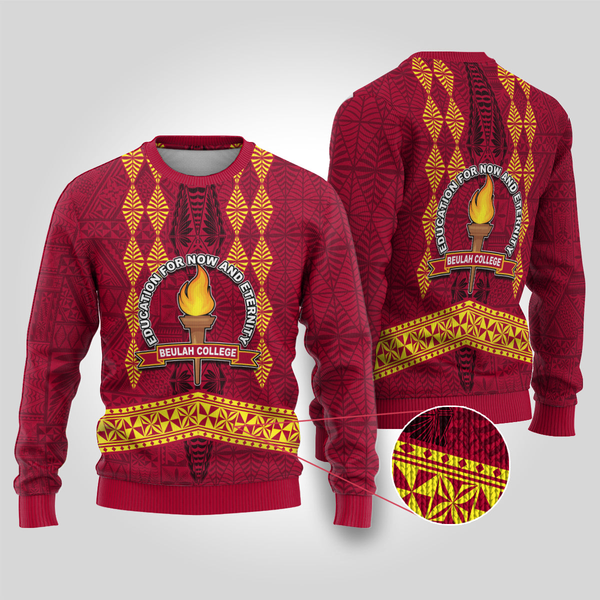 Tonga Beulah College Ugly Christmas Sweater Ngatu and Polynesian Pattern LT03 Red - Polynesian Pride