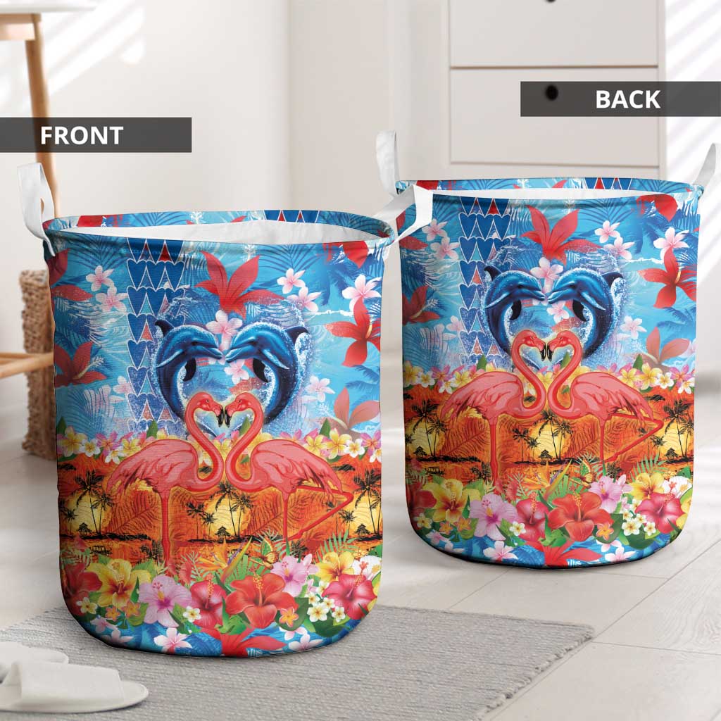 Hawaiian Love-Couple Dolphins and Flamingos Laundry Basket - Polynesian Pride