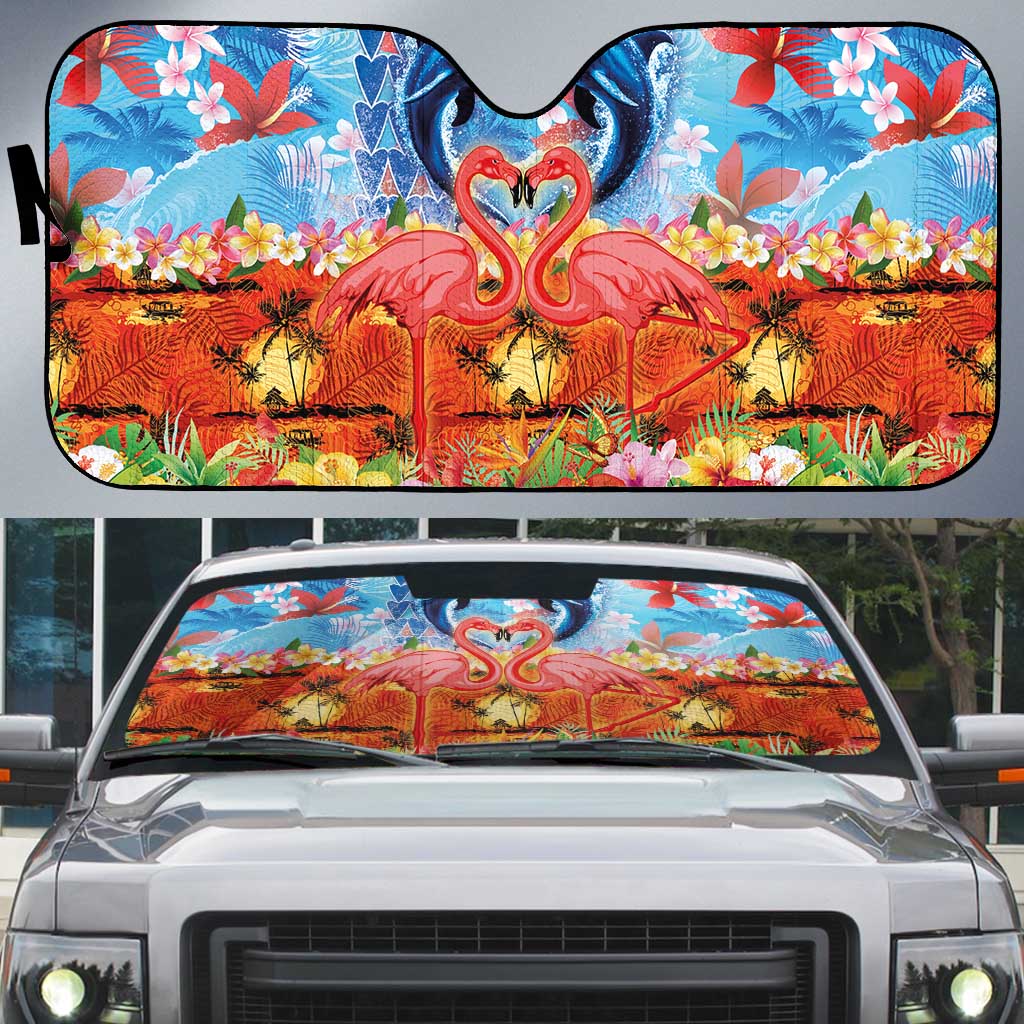 Hawaiian Love-Couple Dolphins and Flamingos Auto Sun Shade - Polynesian Pride