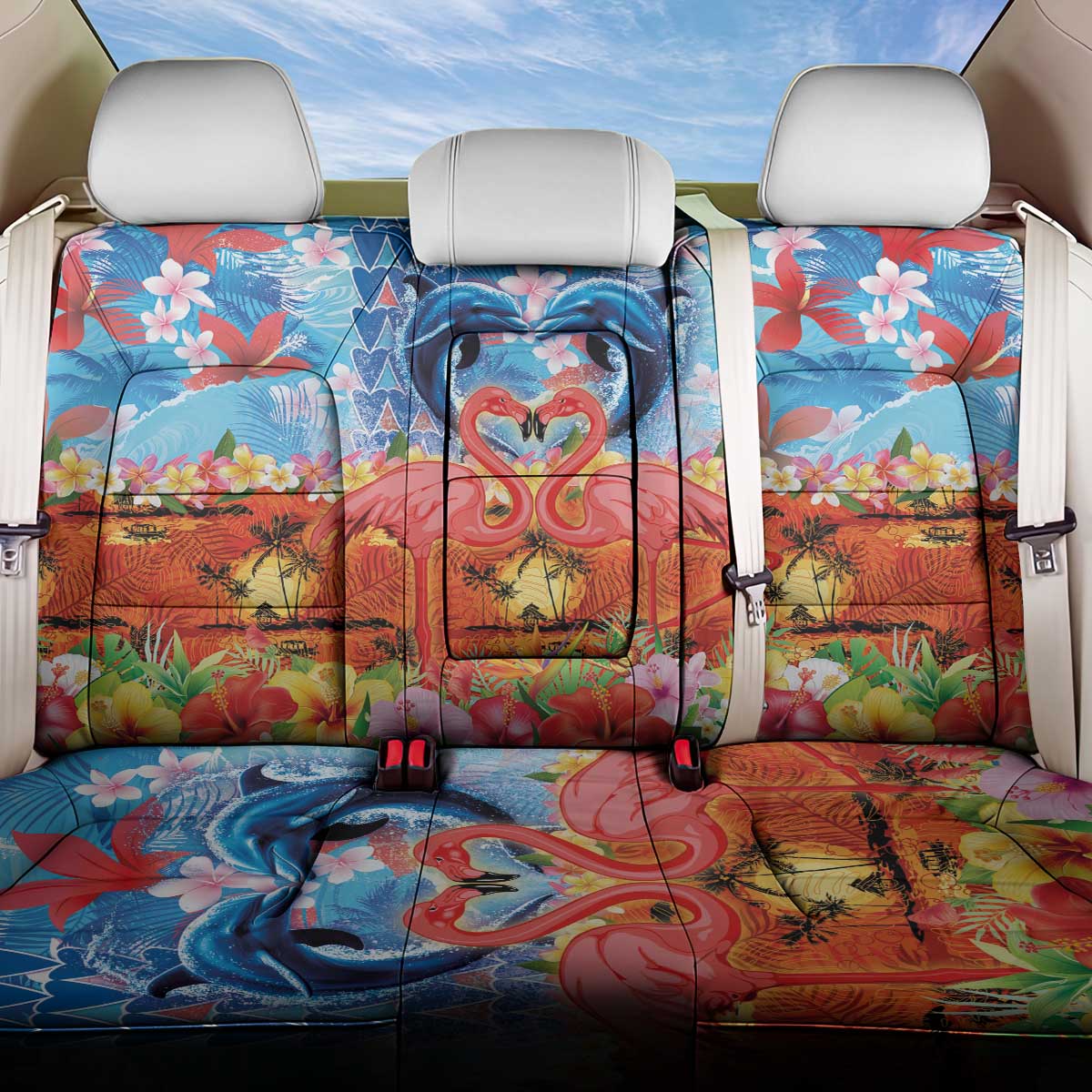 Hawaiian Love-Couple Dolphins and Flamingos Back Car Seat Cover - Polynesian Pride