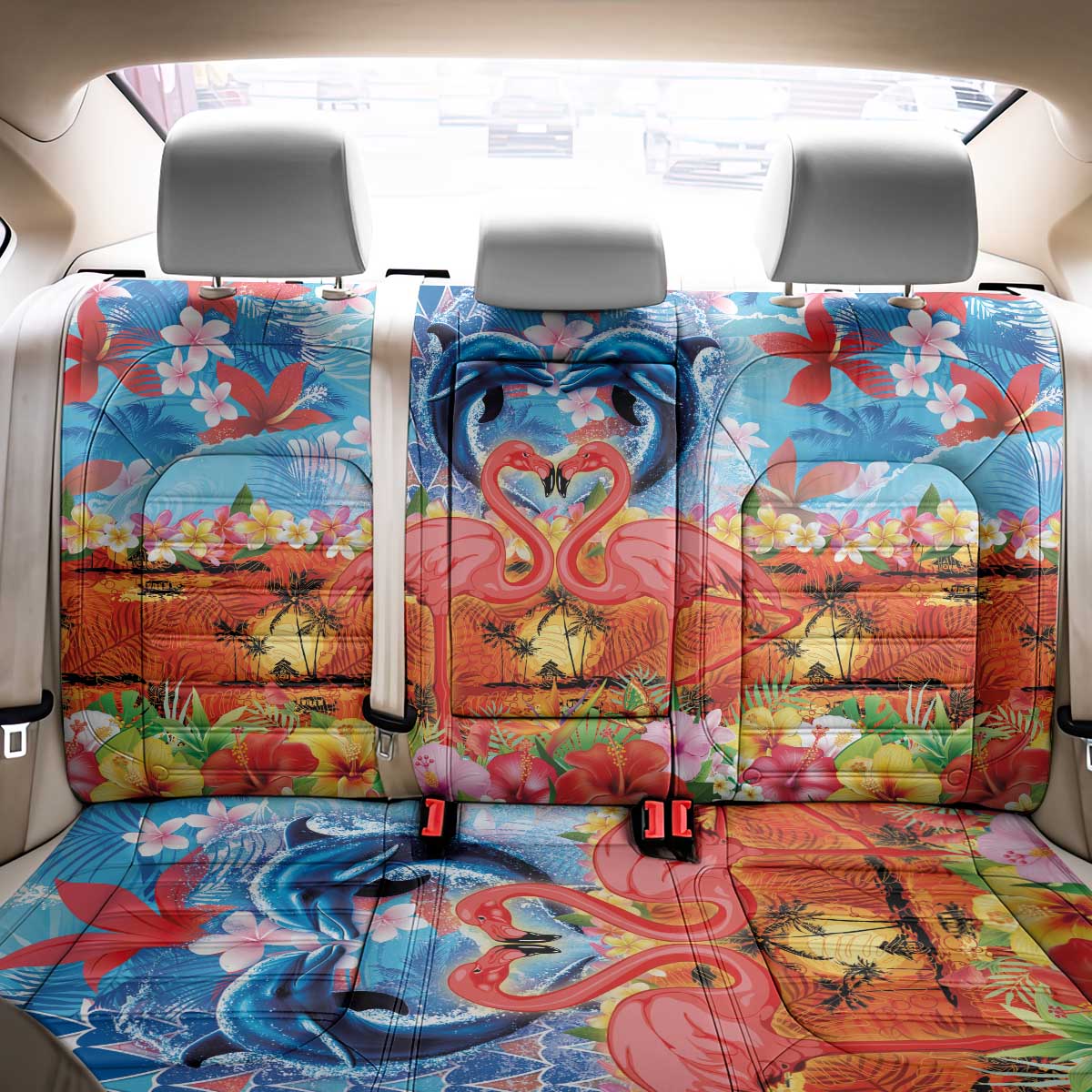 Hawaiian Love-Couple Dolphins and Flamingos Back Car Seat Cover - Polynesian Pride