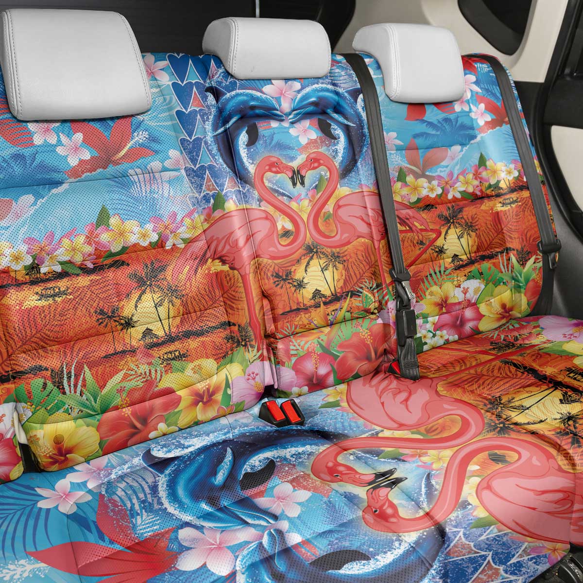 Hawaiian Love-Couple Dolphins and Flamingos Back Car Seat Cover - Polynesian Pride
