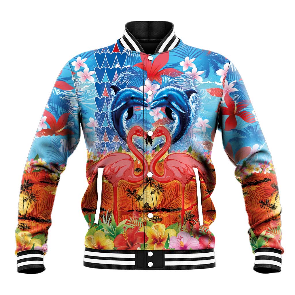 Hawaiian Love-Couple Dolphins and Flamingos Baseball Jacket - Polynesian Pride