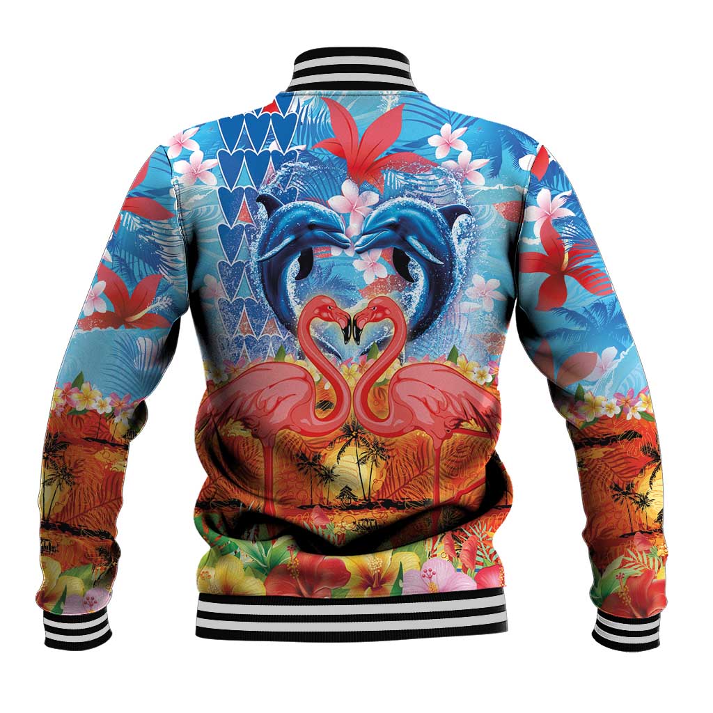 Hawaiian Love-Couple Dolphins and Flamingos Baseball Jacket - Polynesian Pride