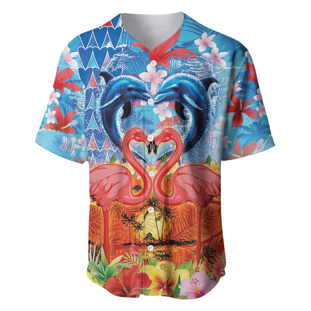Hawaiian Love-Couple Dolphins and Flamingos Baseball Jersey - Polynesian Pride