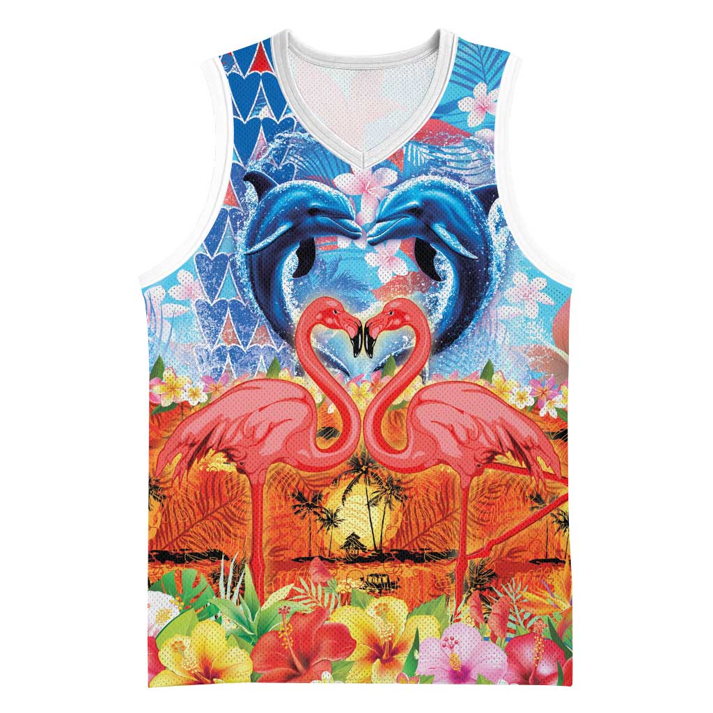Hawaiian Love-Couple Dolphins and Flamingos Basketball Jersey - Polynesian Pride