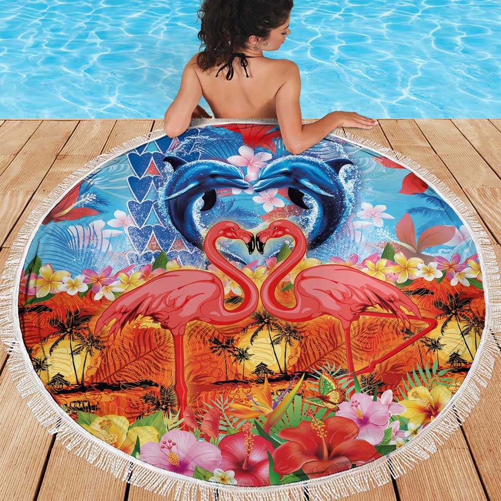 Hawaiian Love-Couple Dolphins and Flamingos Beach Blanket - Polynesian Pride