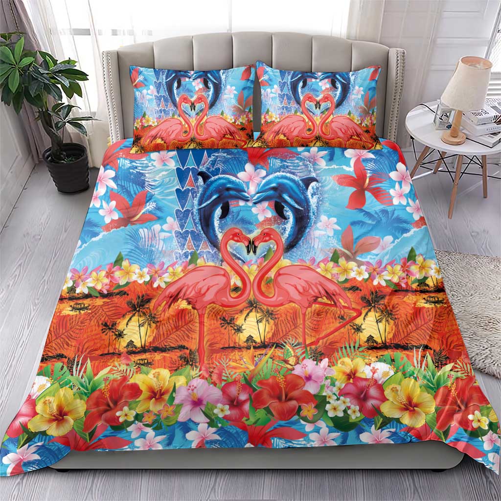 Hawaiian Love-Couple Dolphins and Flamingos Bedding Set - Polynesian Pride