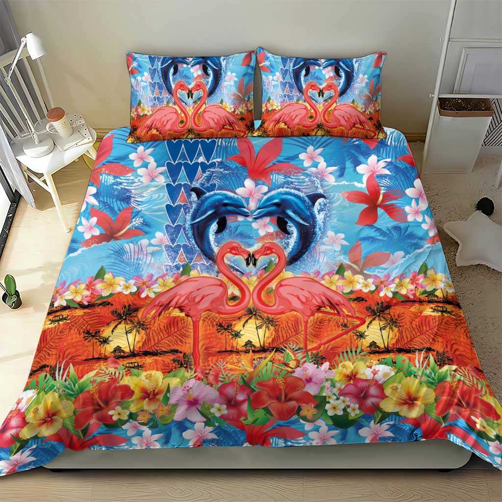 Hawaiian Love-Couple Dolphins and Flamingos Bedding Set - Polynesian Pride