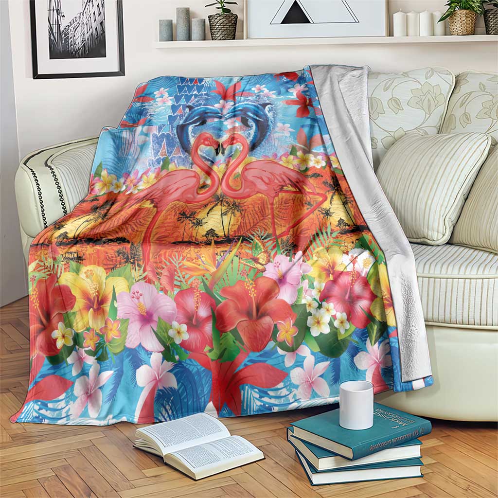 Hawaiian Love-Couple Dolphins and Flamingos Blanket - Polynesian Pride