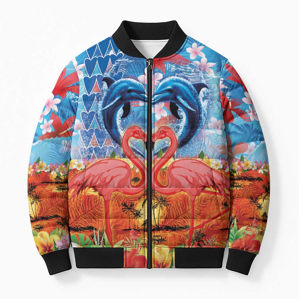 Hawaiian Love-Couple Dolphins and Flamingos Bomber Puffer Jacket - Polynesian Pride