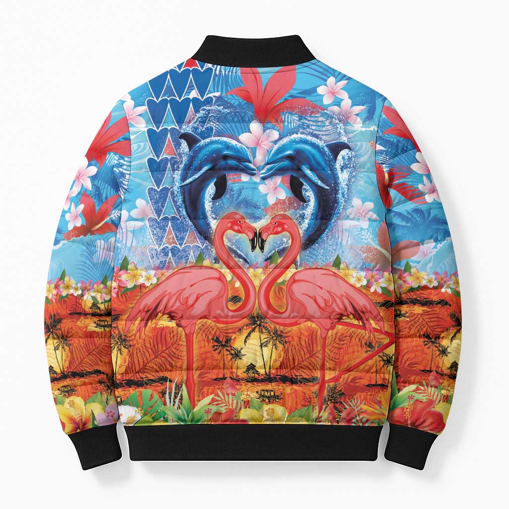 Hawaiian Love-Couple Dolphins and Flamingos Bomber Puffer Jacket - Polynesian Pride