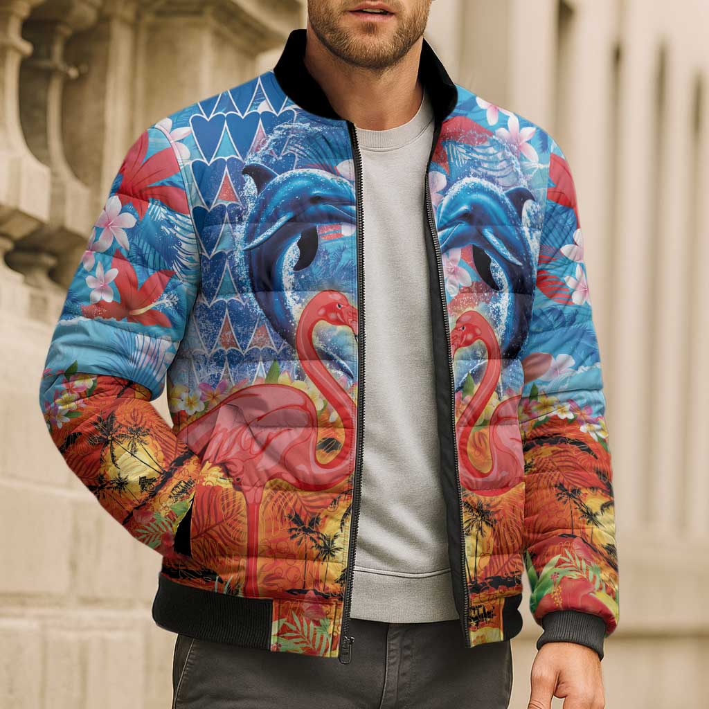 Hawaiian Love-Couple Dolphins and Flamingos Bomber Puffer Jacket - Polynesian Pride