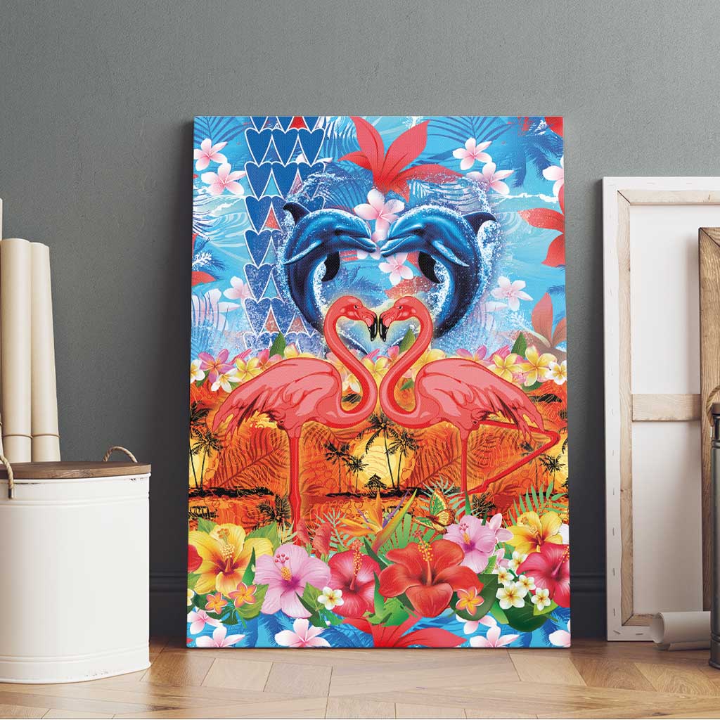 Hawaiian Love-Couple Dolphins and Flamingos Canvas Wall Art - Polynesian Pride