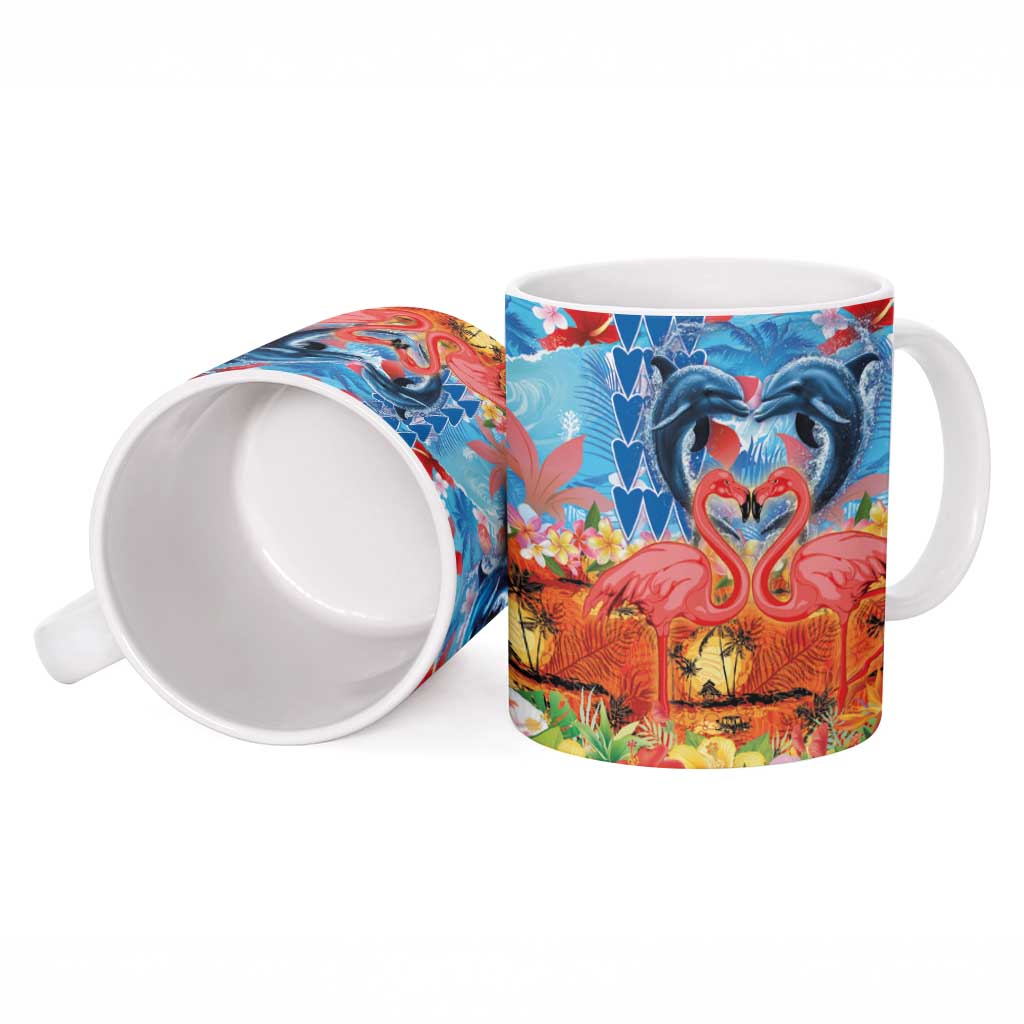 Hawaiian Love-Couple Dolphins and Flamingos Ceramic Mug - Polynesian Pride