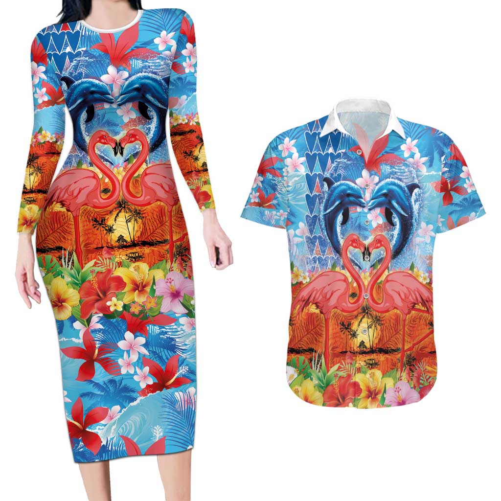 Hawaiian Love-Couple Dolphins and Flamingos Couples Matching Long Sleeve Bodycon Dress and Hawaiian Shirt - Polynesian Pride