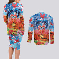 Hawaiian Love-Couple Dolphins and Flamingos Couples Matching Long Sleeve Bodycon Dress and Long Sleeve Button Shirt - Polynesian Pride