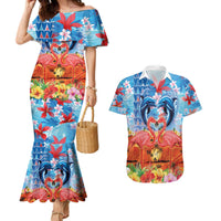 Hawaiian Love-Couple Dolphins and Flamingos Couples Matching Mermaid Dress and Hawaiian Shirt - Polynesian Pride