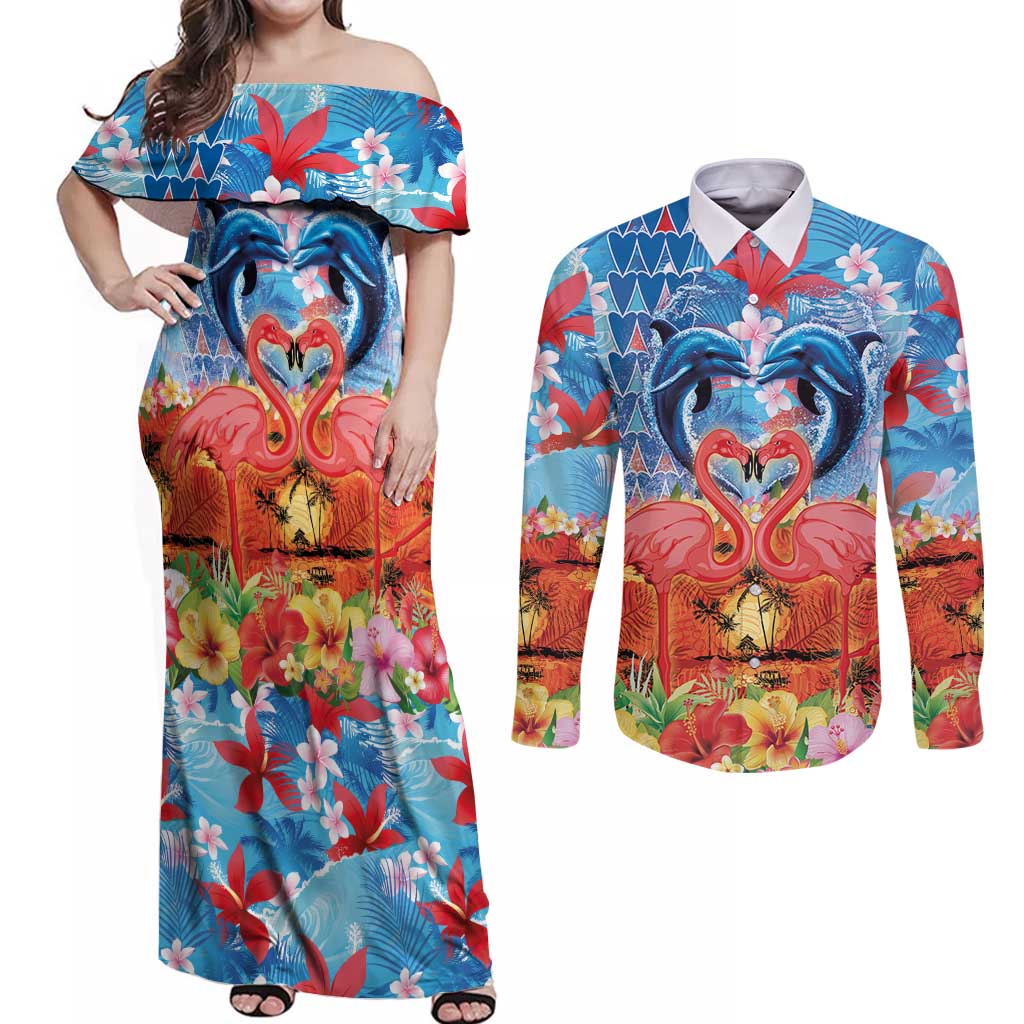 Hawaiian Love-Couple Dolphins and Flamingos Couples Matching Off Shoulder Maxi Dress and Long Sleeve Button Shirt - Polynesian Pride