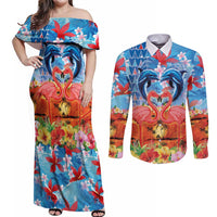 Hawaiian Love-Couple Dolphins and Flamingos Couples Matching Off Shoulder Maxi Dress and Long Sleeve Button Shirt - Polynesian Pride