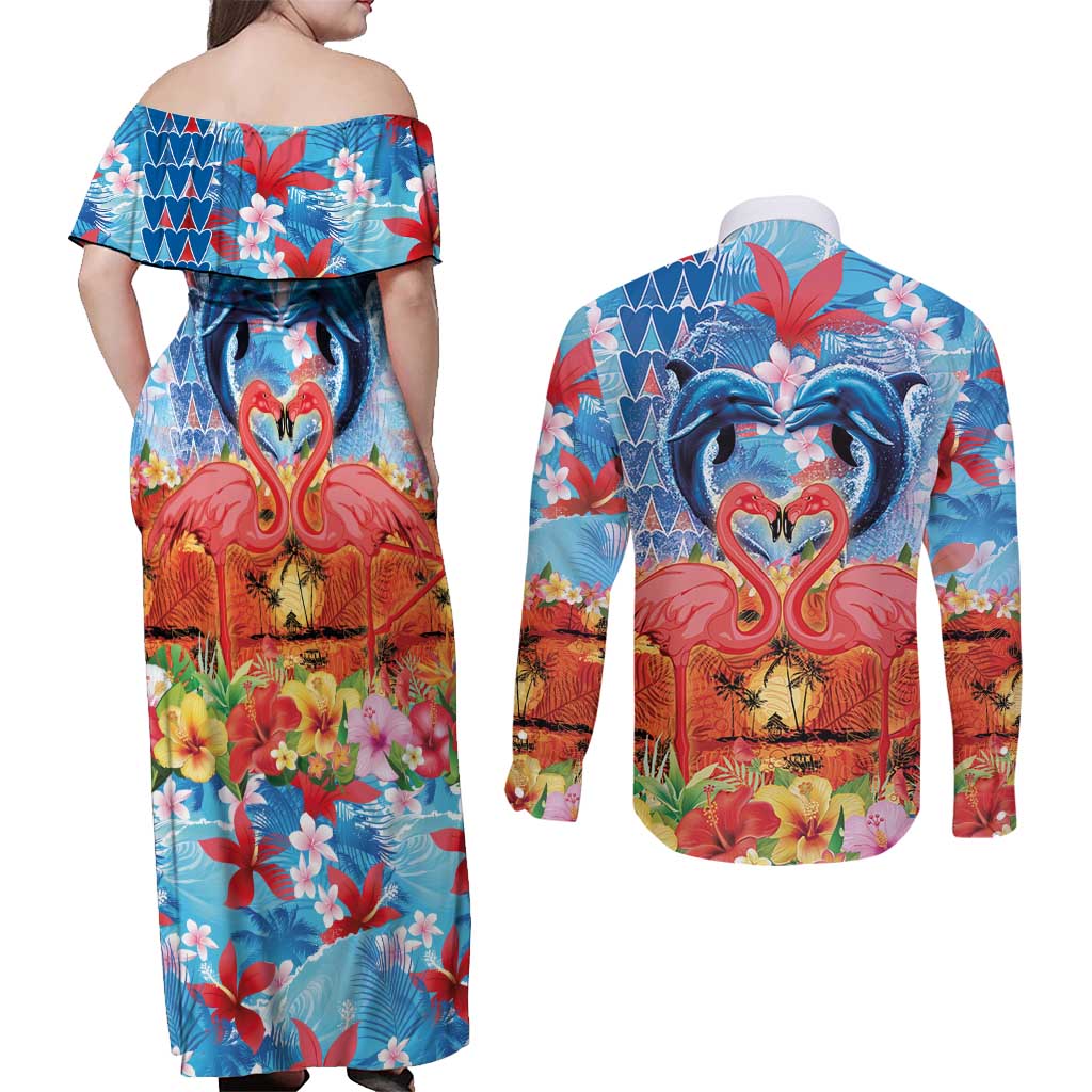 Hawaiian Love-Couple Dolphins and Flamingos Couples Matching Off Shoulder Maxi Dress and Long Sleeve Button Shirt - Polynesian Pride