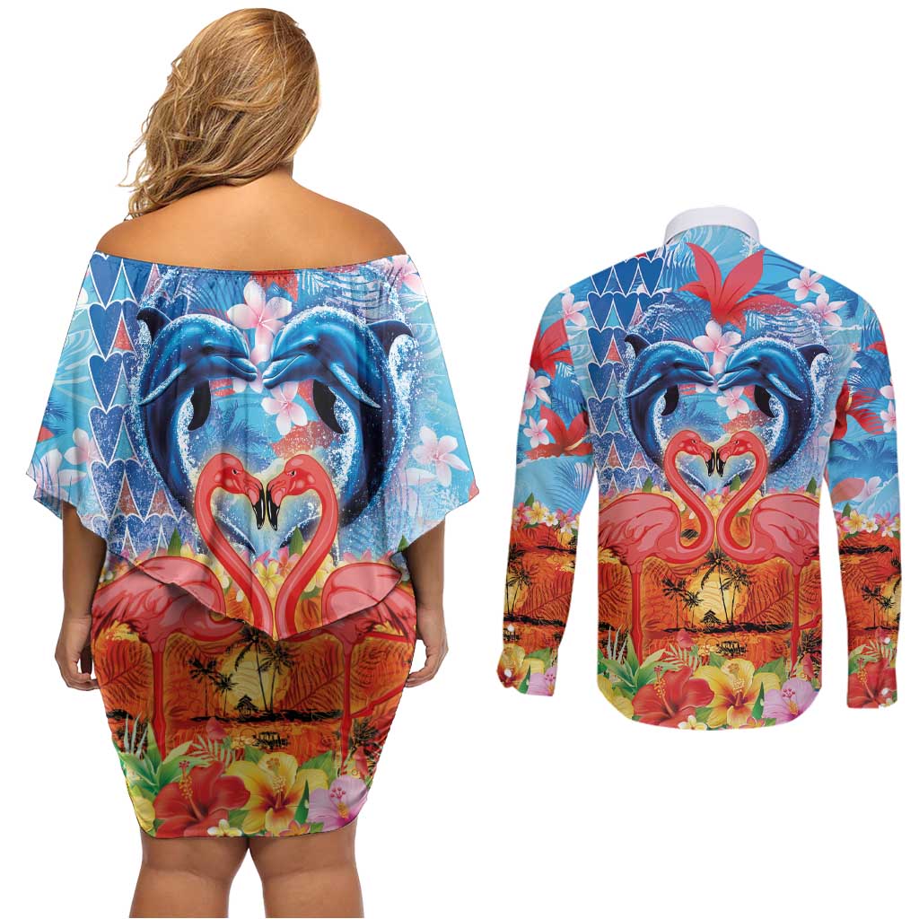 Hawaiian Love-Couple Dolphins and Flamingos Couples Matching Off Shoulder Short Dress and Long Sleeve Button Shirt - Polynesian Pride