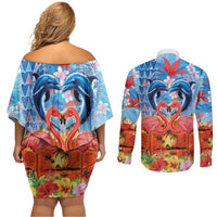 Hawaiian Love-Couple Dolphins and Flamingos Couples Matching Off Shoulder Short Dress and Long Sleeve Button Shirt - Polynesian Pride
