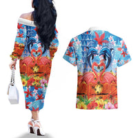 Hawaiian Love-Couple Dolphins and Flamingos Couples Matching Off The Shoulder Long Sleeve Dress and Hawaiian Shirt - Polynesian Pride