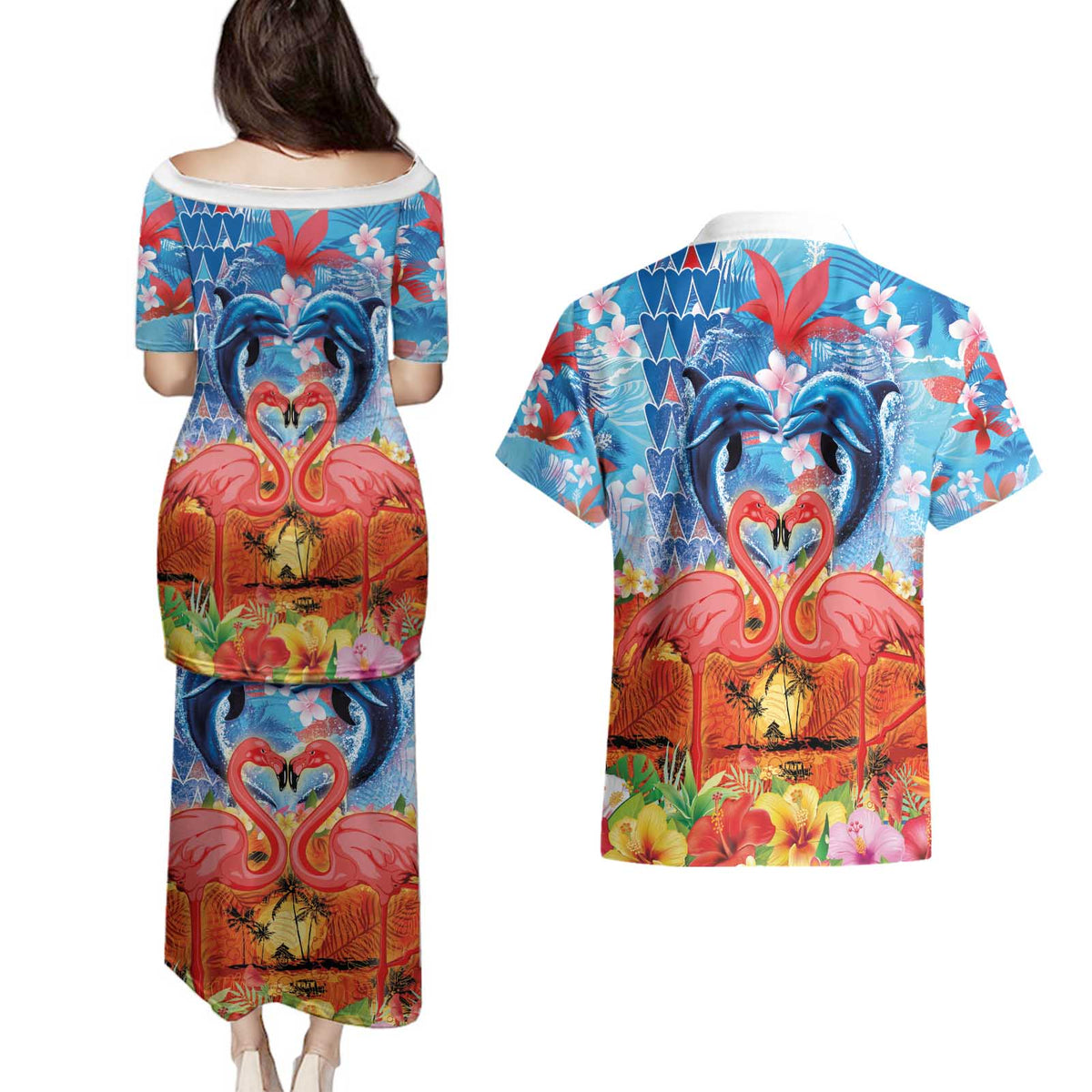 Hawaiian Love-Couple Dolphins and Flamingos Couples Matching Puletasi and Hawaiian Shirt - Polynesian Pride
