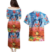 Hawaiian Love-Couple Dolphins and Flamingos Couples Matching Puletasi and Hawaiian Shirt - Polynesian Pride