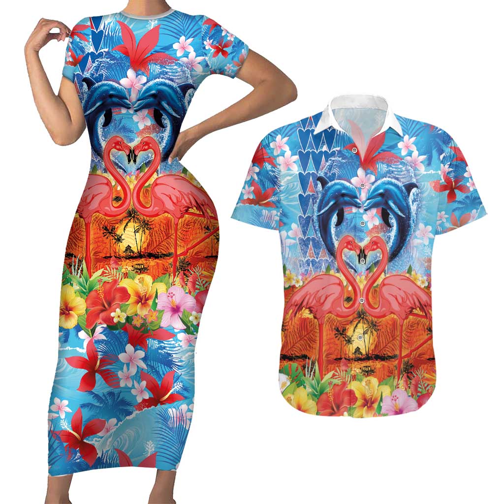 Hawaiian Love-Couple Dolphins and Flamingos Couples Matching Short Sleeve Bodycon Dress and Hawaiian Shirt - Polynesian Pride